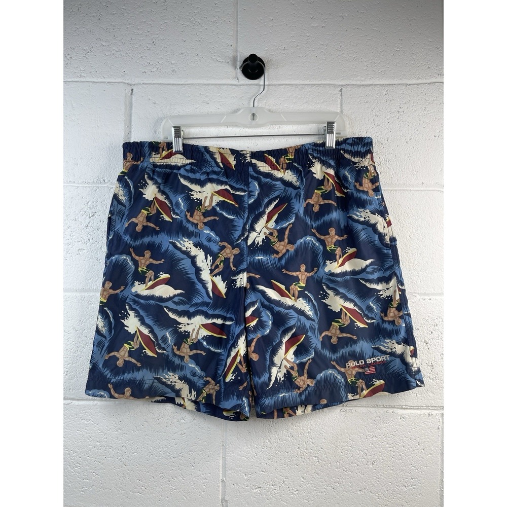 Vintage Polo Sport Mens Drawstring Swim Shorts‎ Trunks Surfer Print Blue M
